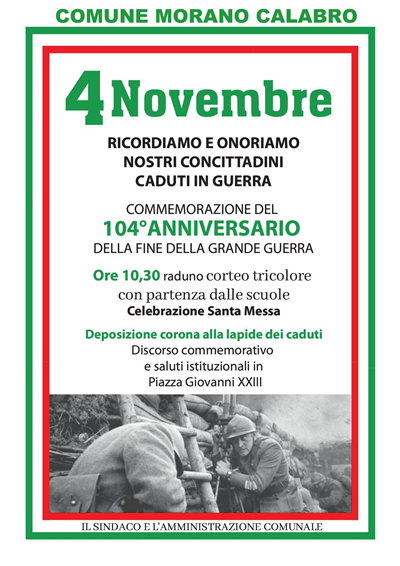 Morano celebrerà il 4 novembre, giorno dell’Unità Nazionale e festa delle Forze Armate