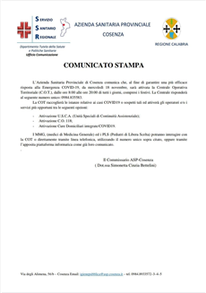 L'Asp Cosenza attiva la Centrale Operativa Territoriale (COT)